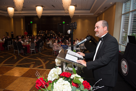 Interim Dean Mark Luer extended his best wishes to Connie Stamper-Carr and Gireesh Gupchup at the SIUE School of Pharmacy’s Special All-Alumni Anniversary Gala.